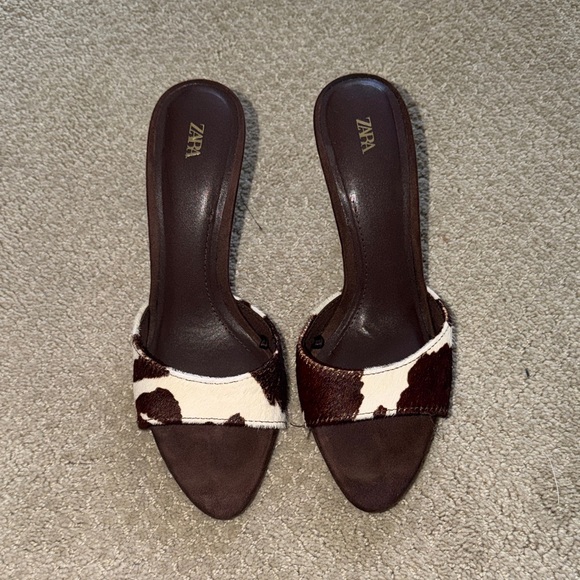 Zara Shoes - Zara Brown and White Cow Print Slide Mules